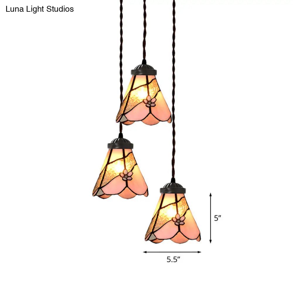 Victorian Hanging Light Kit - Pink Stained Glass Cluster Pendant with Morning Glory Design