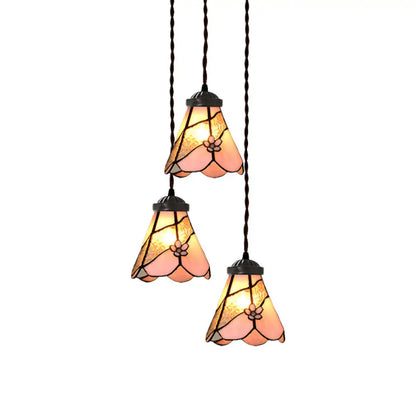 Victorian Hanging Light Kit - Pink Stained Glass Cluster Pendant with Morning Glory Design