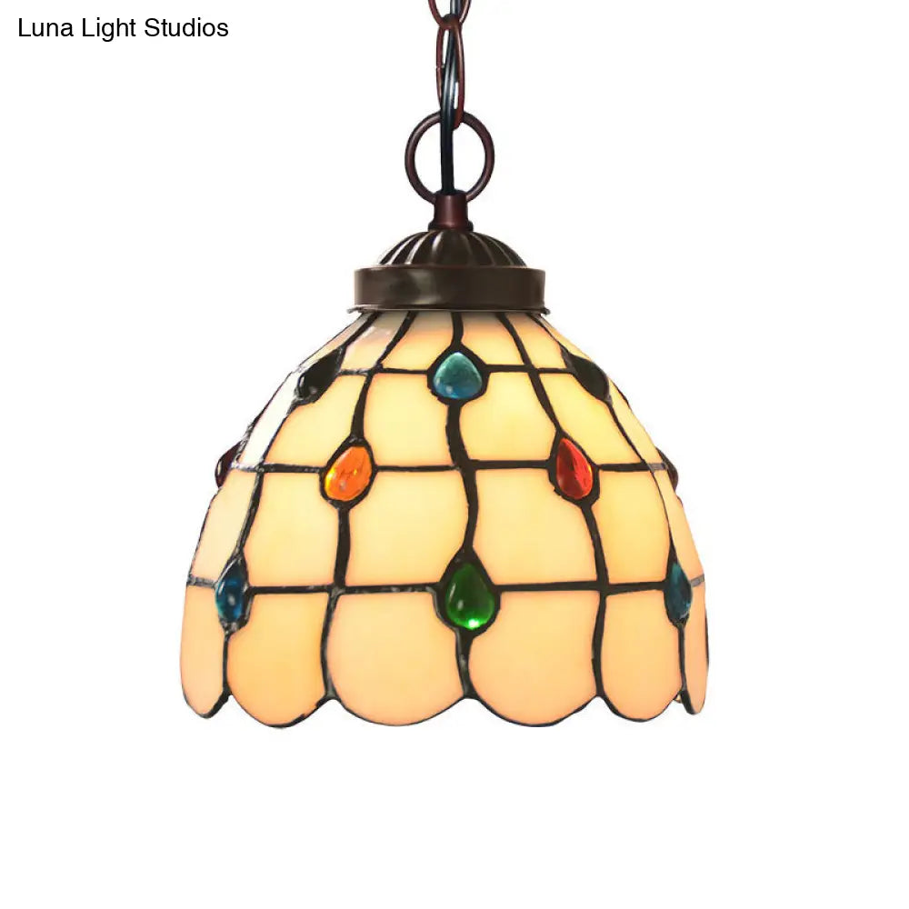 Victorian Lattice Dome 1-Light Hanging Lamp Kit - White Glass Copper Suspension Light with Gem Pattern