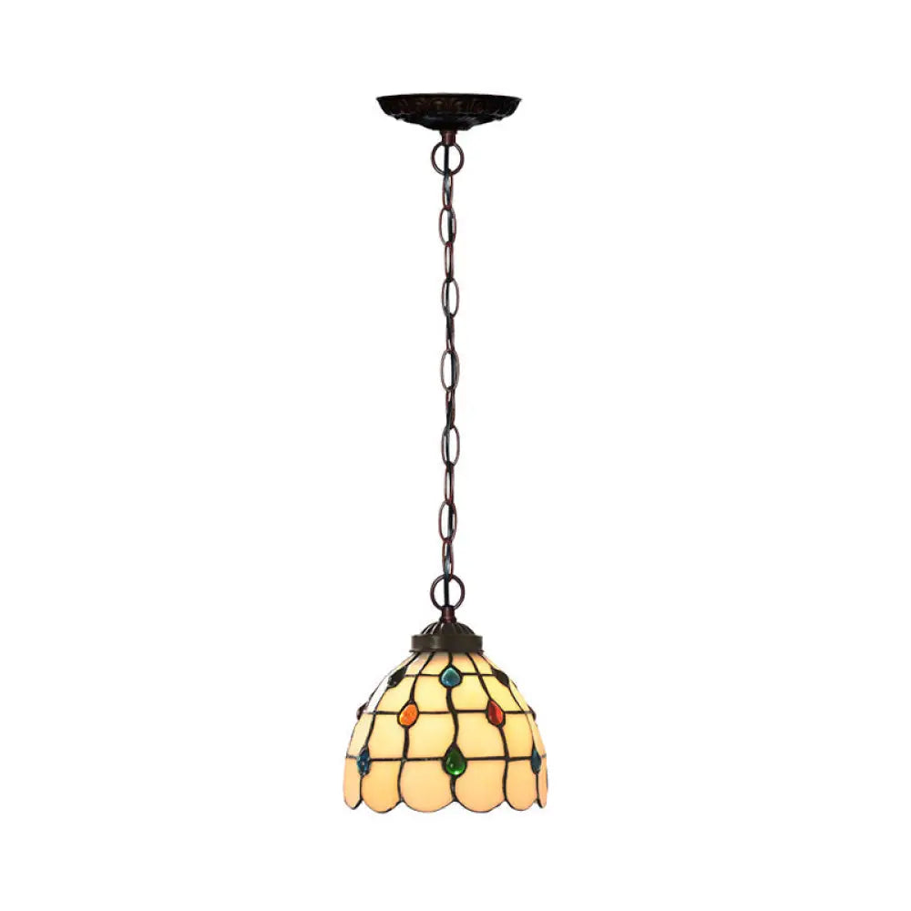 Victorian Lattice Dome 1-Light Hanging Lamp Kit - White Glass Copper Suspension Light with Gem Pattern