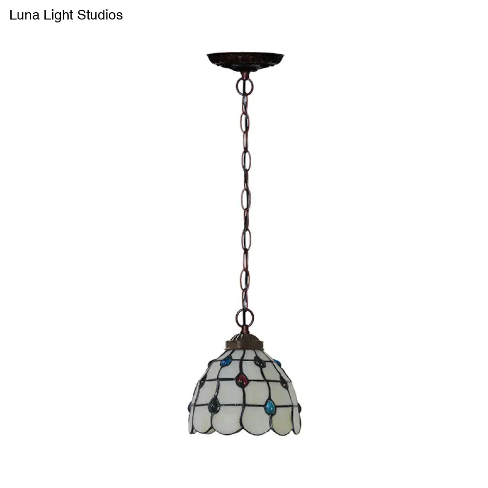 Victorian Lattice Dome 1-Light Hanging Lamp Kit - White Glass Copper Suspension Light with Gem Pattern