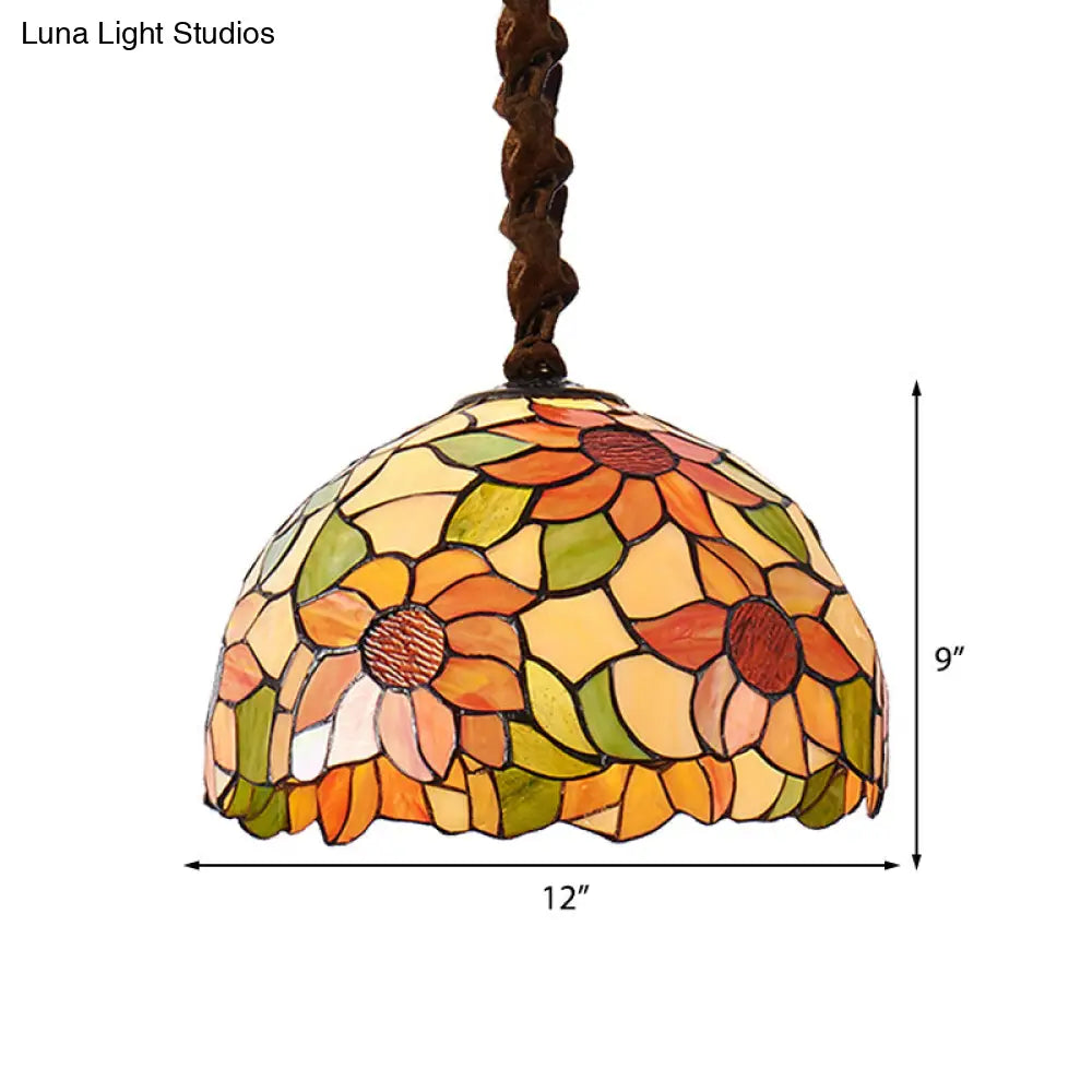 Victorian Orange Stained Glass Sunflower Pendant Lamp, 1 Head Down Lighting, 12"/16" Wide