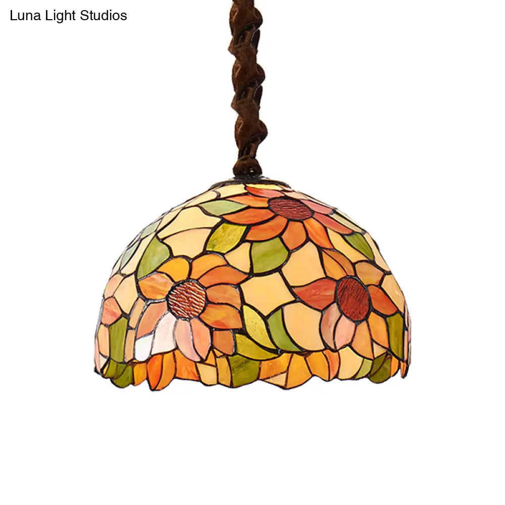 Victorian Orange Stained Glass Sunflower Pendant Lamp, 1 Head Down Lighting, 12"/16" Wide