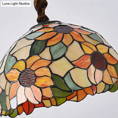 Victorian Orange Stained Glass Sunflower Pendant Lamp, 1 Head Down Lighting, 12"/16" Wide