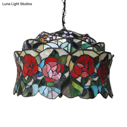 Victorian Red Stained Glass Drum Hanging Lamp Pendant Light Kit - Set of 3 Bulbs, Perfect for Living Room