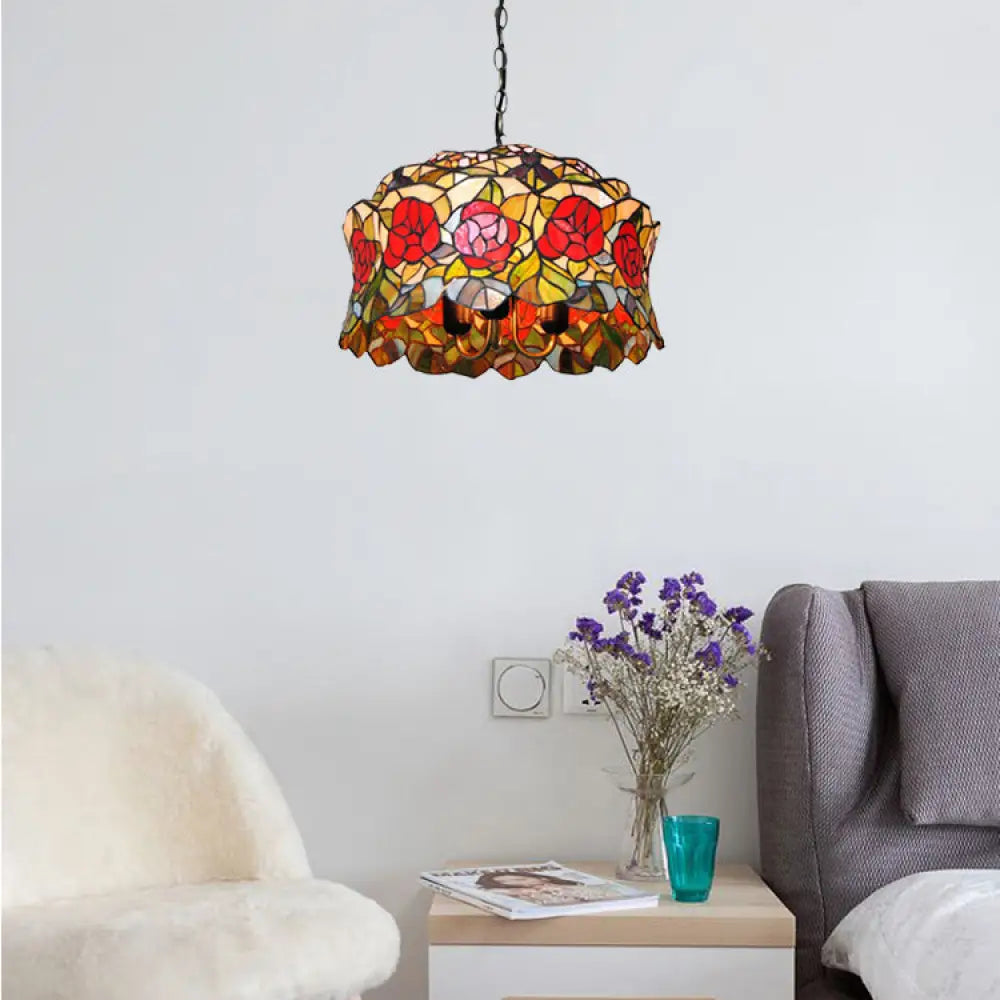 Victorian Red Stained Glass Drum Hanging Lamp Pendant Light Kit - Set of 3 Bulbs, Perfect for Living Room