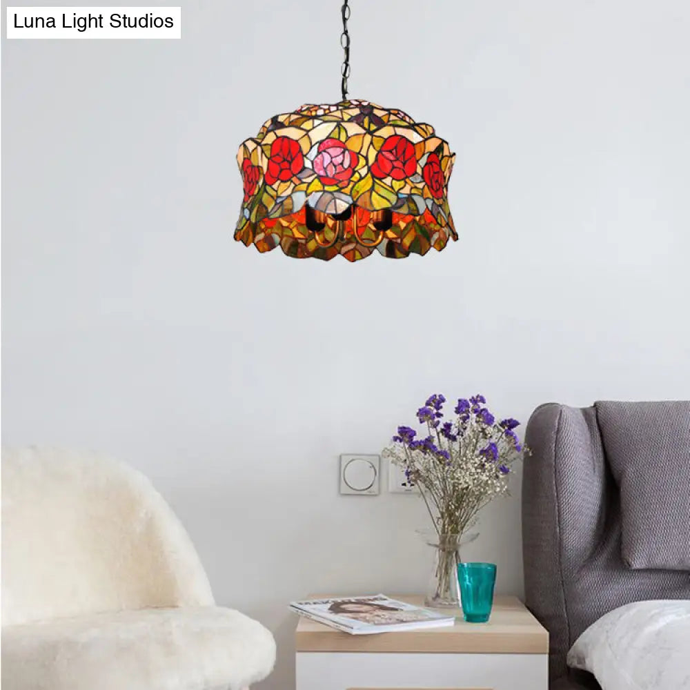 Victorian Red Stained Glass Drum Hanging Lamp Pendant Light Kit - Set of 3 Bulbs, Perfect for Living Room