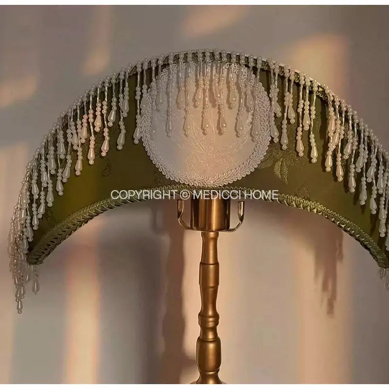 Victorian sage green crescent moon lampshade with olive green velvet, white lace, and beaded fringe for bedroom decorbites crescent moon light