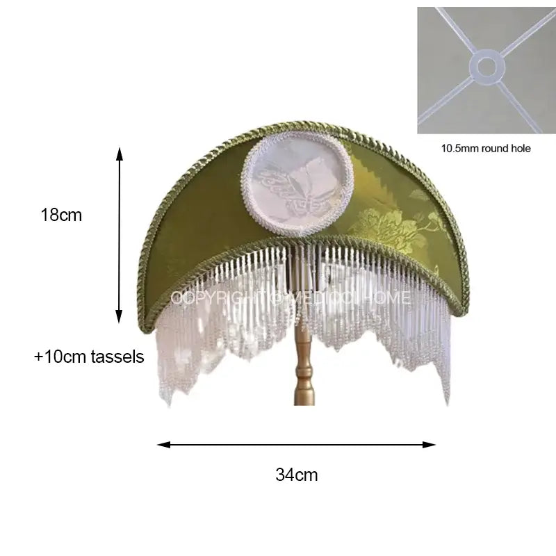 Victorian sage green crescent moon lampshade with olive-green satin, gold embroidery, white beaded fringe, and tassels