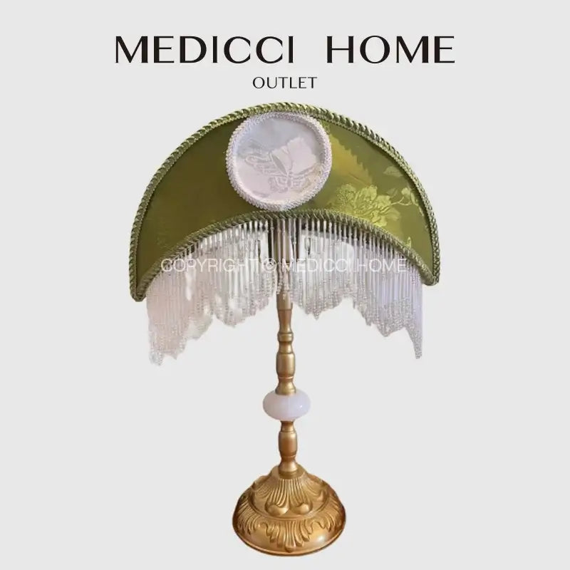 Victorian sage green crescent moon lampshade gold desk lamp with ornate gold finish and embroidered lace fringe decorbites crescent moon
