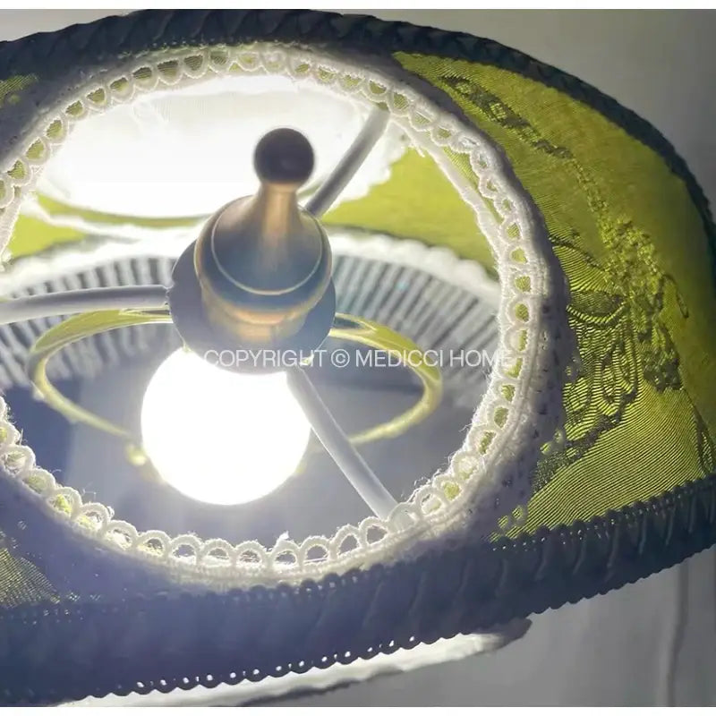 Victorian sage green crescent moon lampshade with vibrant fabric lace trim and dark blue fringe for bedroom decorbites crescent moon light