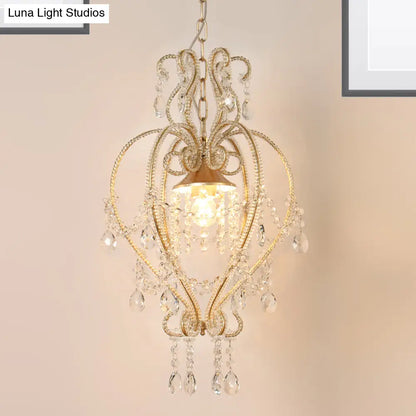 Victorian Scroll Pendant Lamp with Crystal Accent - Single Golden Ceiling Light