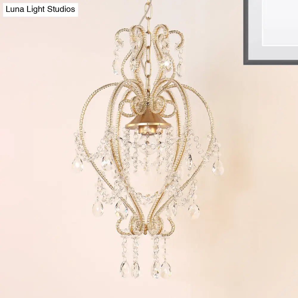 Victorian Scroll Pendant Lamp with Crystal Accent - Single Golden Ceiling Light