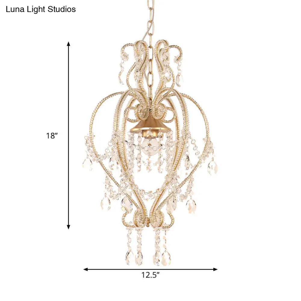 Victorian Scroll Pendant Lamp with Crystal Accent - Single Golden Ceiling Light