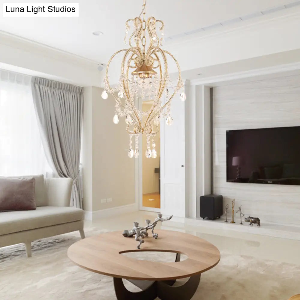 Victorian Scroll Pendant Lamp with Crystal Accent - Single Golden Ceiling Light