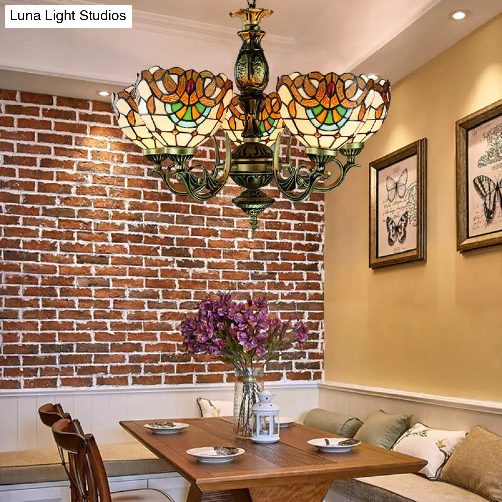 Victorian Stained Glass 5-Light Pendant Chandelier with Height Adjustment