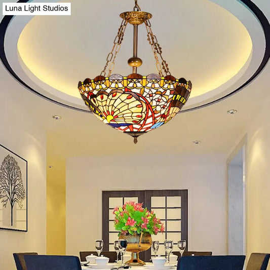 Victorian Stained Glass Bowl Chandelier with 3 Bulbs - Multi Color Pendant Light