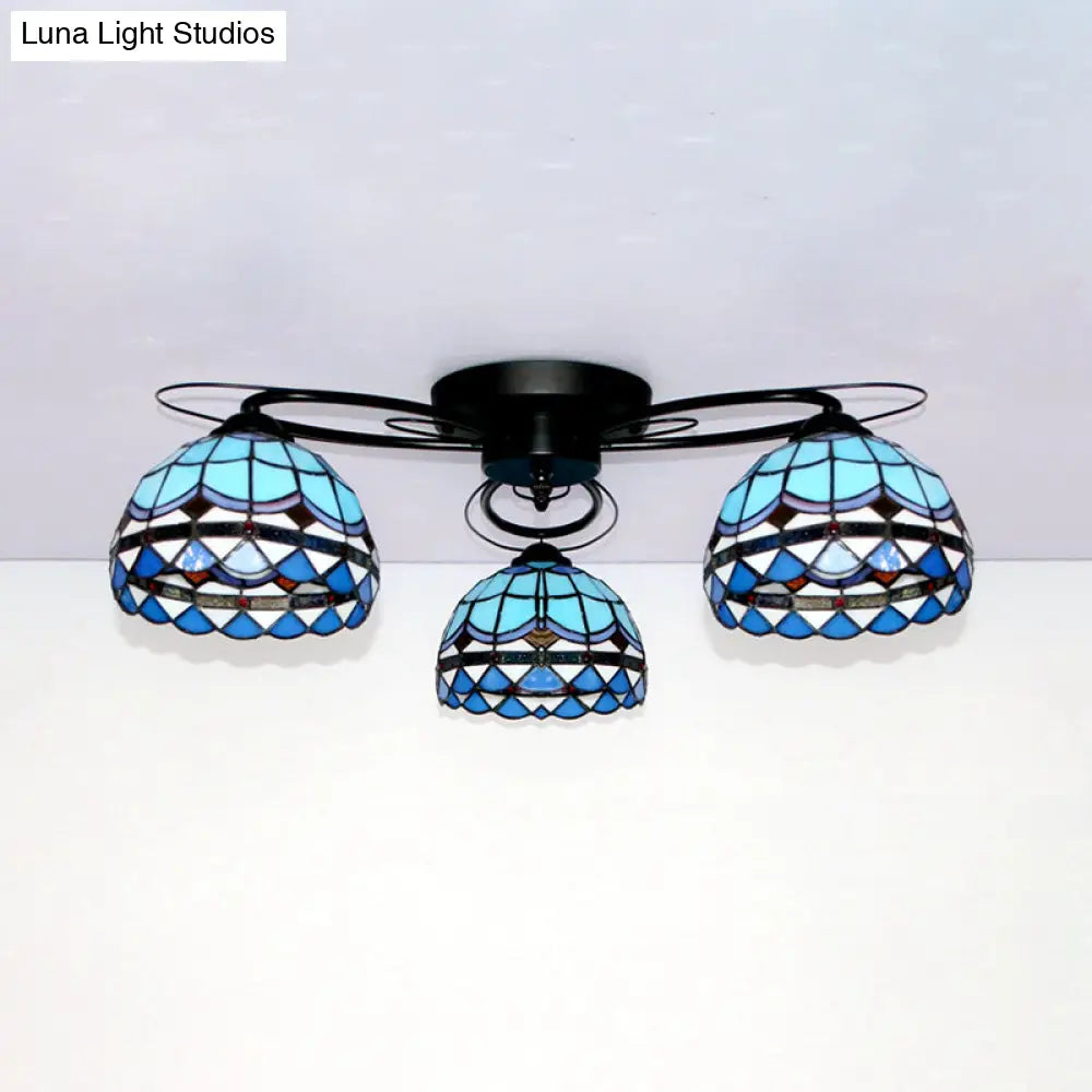 DecorBites™ DecorBites™ Victorian Stained Glass Ceiling Fixture - Dome Shape, Black Flush Mount with 3 Lights