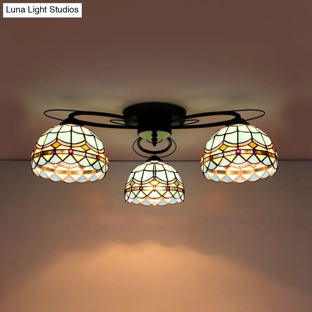 DecorBites™ DecorBites™ Victorian Stained Glass Ceiling Fixture - Dome Shape, Black Flush Mount with 3 Lights