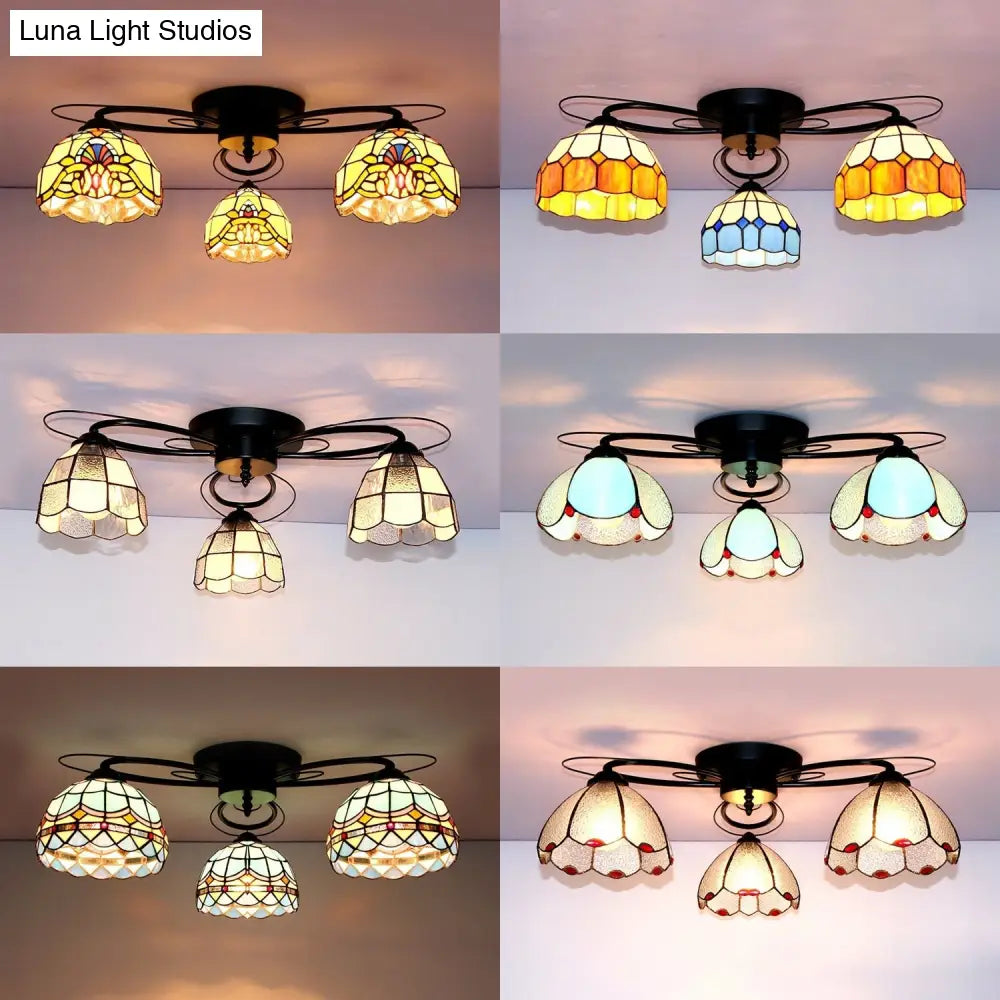 DecorBites™ DecorBites™ Victorian Stained Glass Ceiling Fixture - Dome Shape, Black Flush Mount with 3 Lights