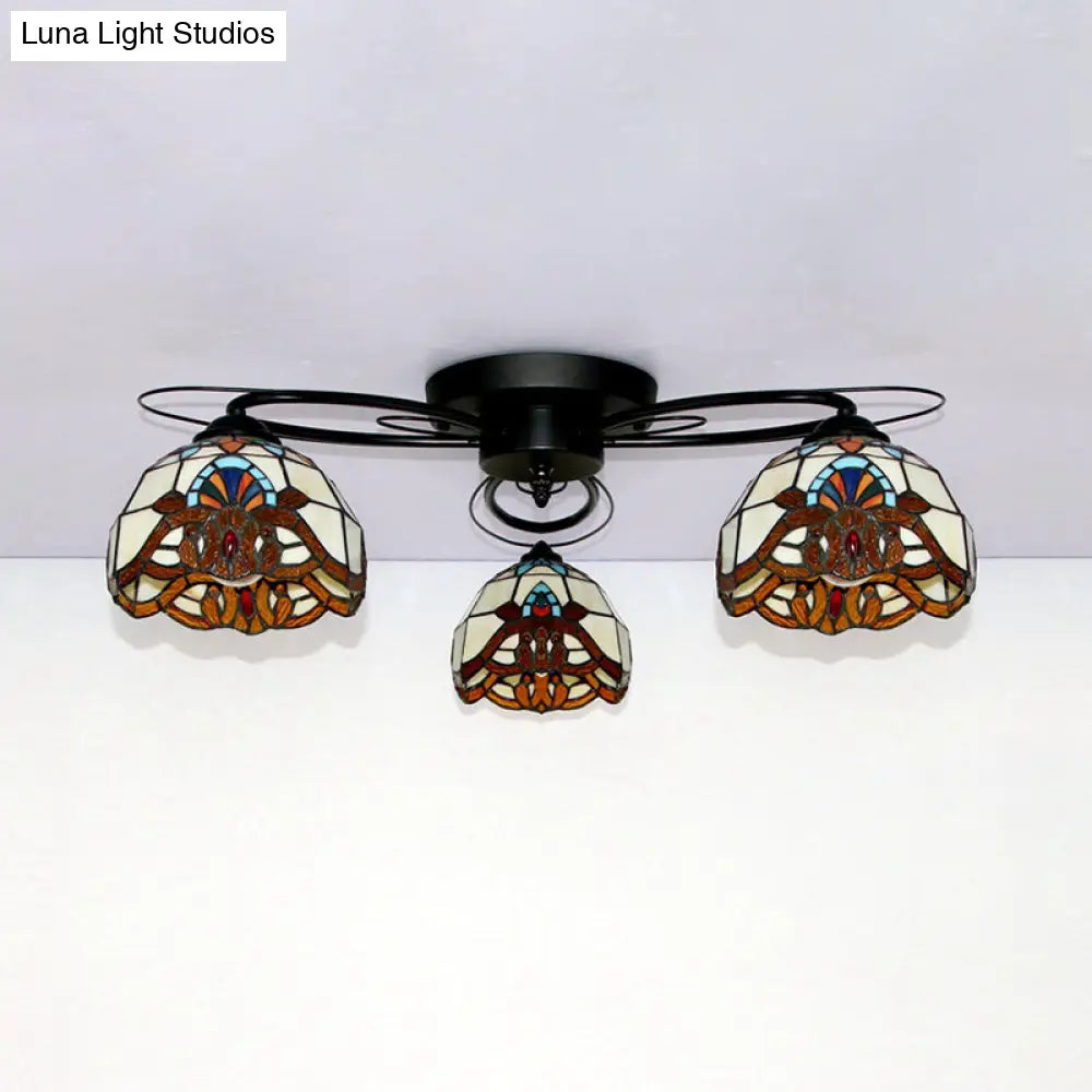 DecorBites™ DecorBites™ Victorian Stained Glass Ceiling Fixture - Dome Shape, Black Flush Mount with 3 Lights