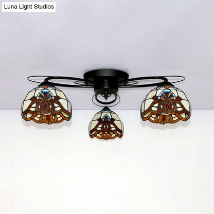 DecorBites™ DecorBites™ Victorian Stained Glass Ceiling Fixture - Dome Shape, Black Flush Mount with 3 Lights