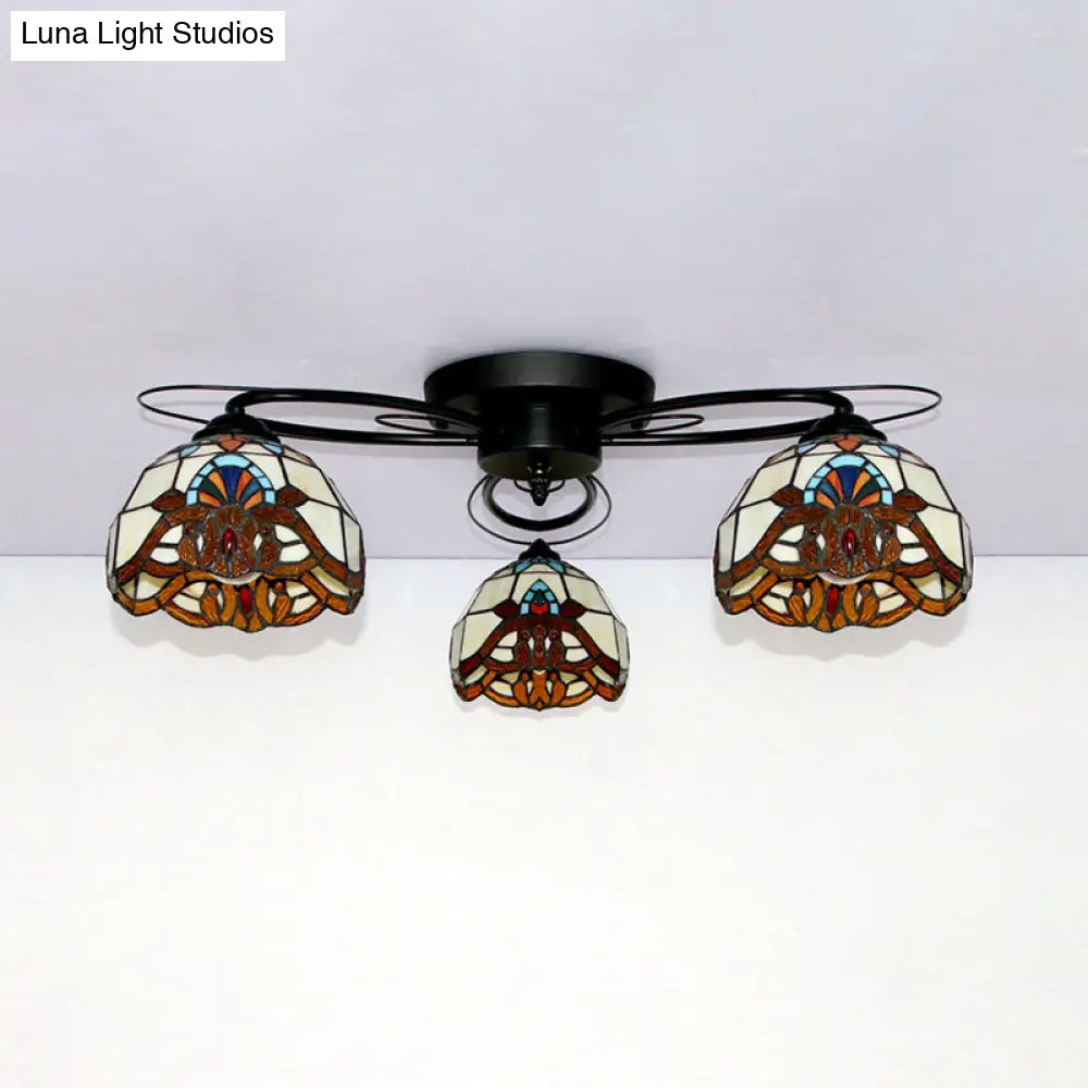 DecorBites™ DecorBites™ Victorian Stained Glass Ceiling Fixture - Dome Shape, Black Flush Mount with 3 Lights
