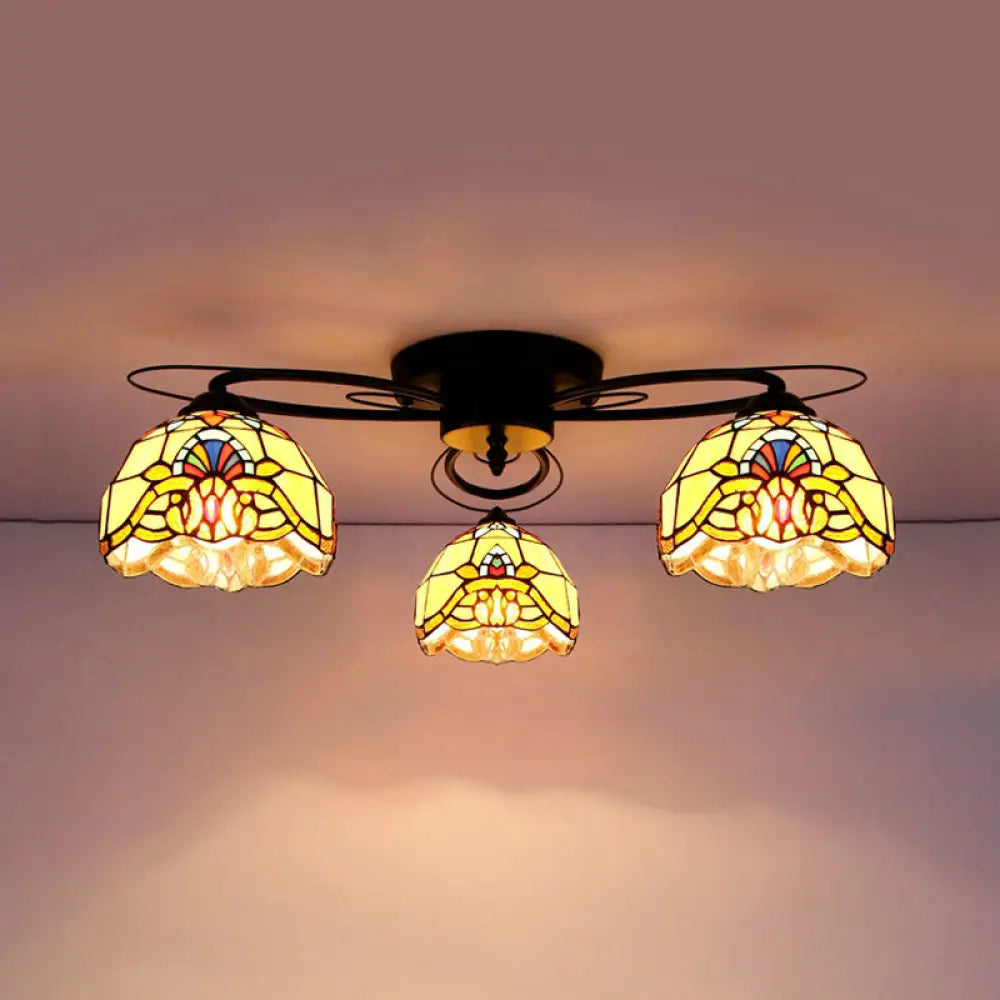 DecorBites™ DecorBites™ Victorian Stained Glass Ceiling Fixture - Dome Shape, Black Flush Mount with 3 Lights