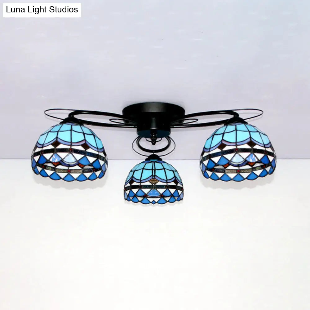 DecorBites™ DecorBites™ Victorian Stained Glass Ceiling Fixture - Dome Shape, Black Flush Mount with 3 Lights