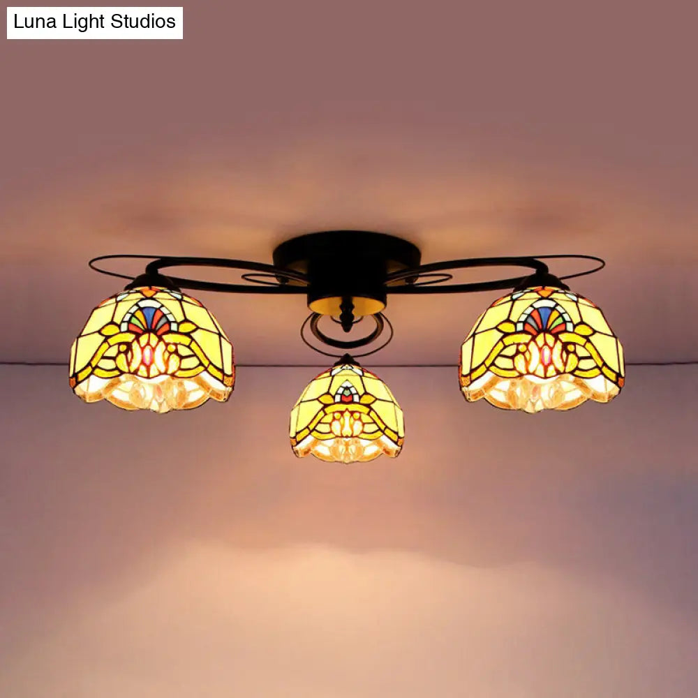 DecorBites™ DecorBites™ Victorian Stained Glass Ceiling Fixture - Dome Shape, Black Flush Mount with 3 Lights