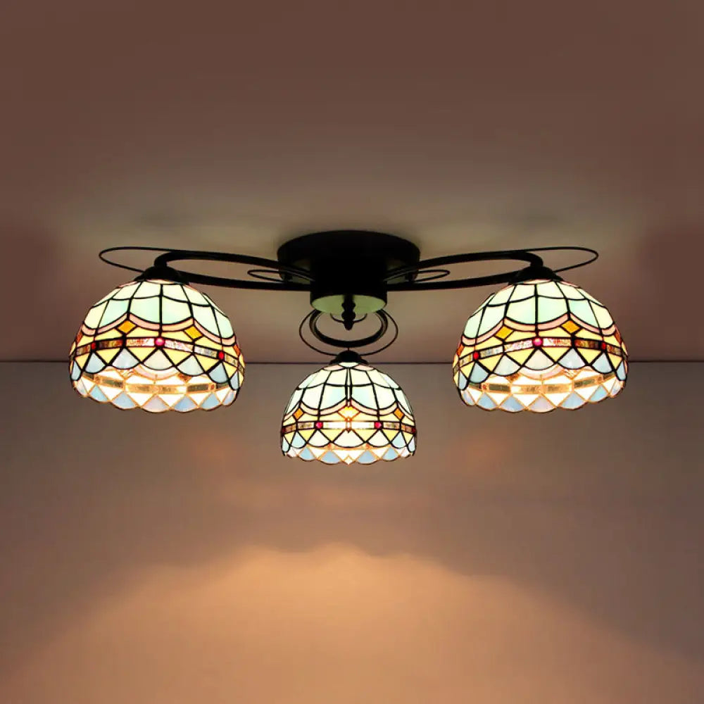 DecorBites™ DecorBites™ Victorian Stained Glass Ceiling Fixture - Dome Shape, Black Flush Mount with 3 Lights
