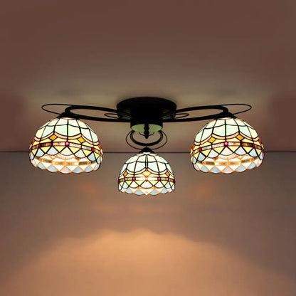 DecorBites™ DecorBites™ Victorian Stained Glass Ceiling Fixture - Dome Shape, Black Flush Mount with 3 Lights