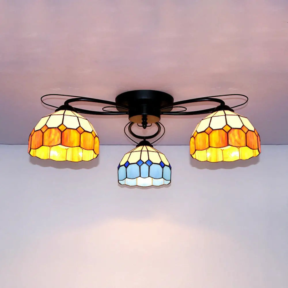 DecorBites™ DecorBites™ Victorian Stained Glass Ceiling Fixture - Dome Shape, Black Flush Mount with 3 Lights