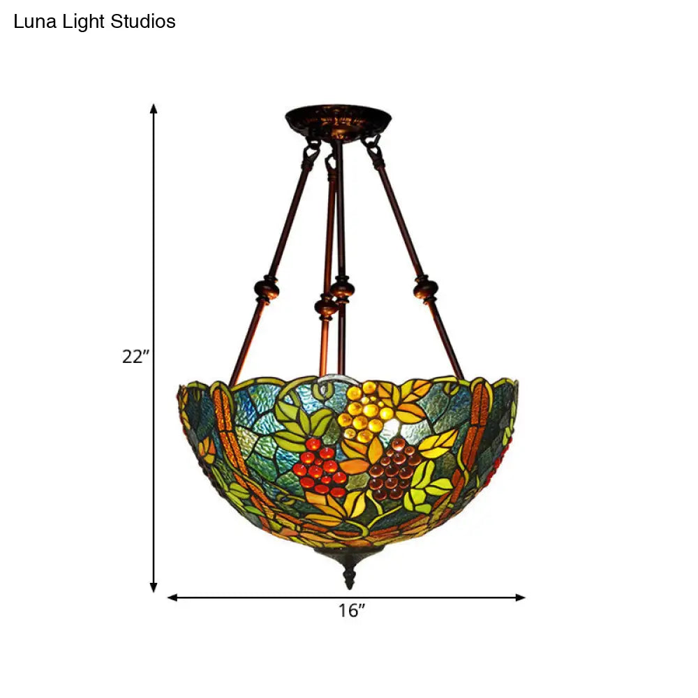 DecorBites™ DecorBites™ Victorian Stained Glass Ceiling Light with 3 Blossom Semi-Flush Mount Lights in Red/Orange/Green for Kitchen