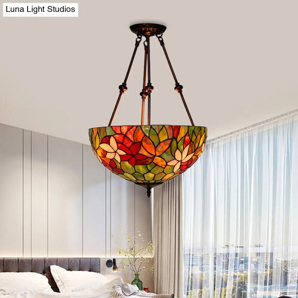 DecorBites™ DecorBites™ Victorian Stained Glass Ceiling Light with 3 Blossom Semi-Flush Mount Lights in Red/Orange/Green for Kitchen
