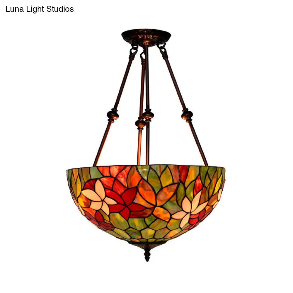 DecorBites™ DecorBites™ Victorian Stained Glass Ceiling Light with 3 Blossom Semi-Flush Mount Lights in Red/Orange/Green for Kitchen