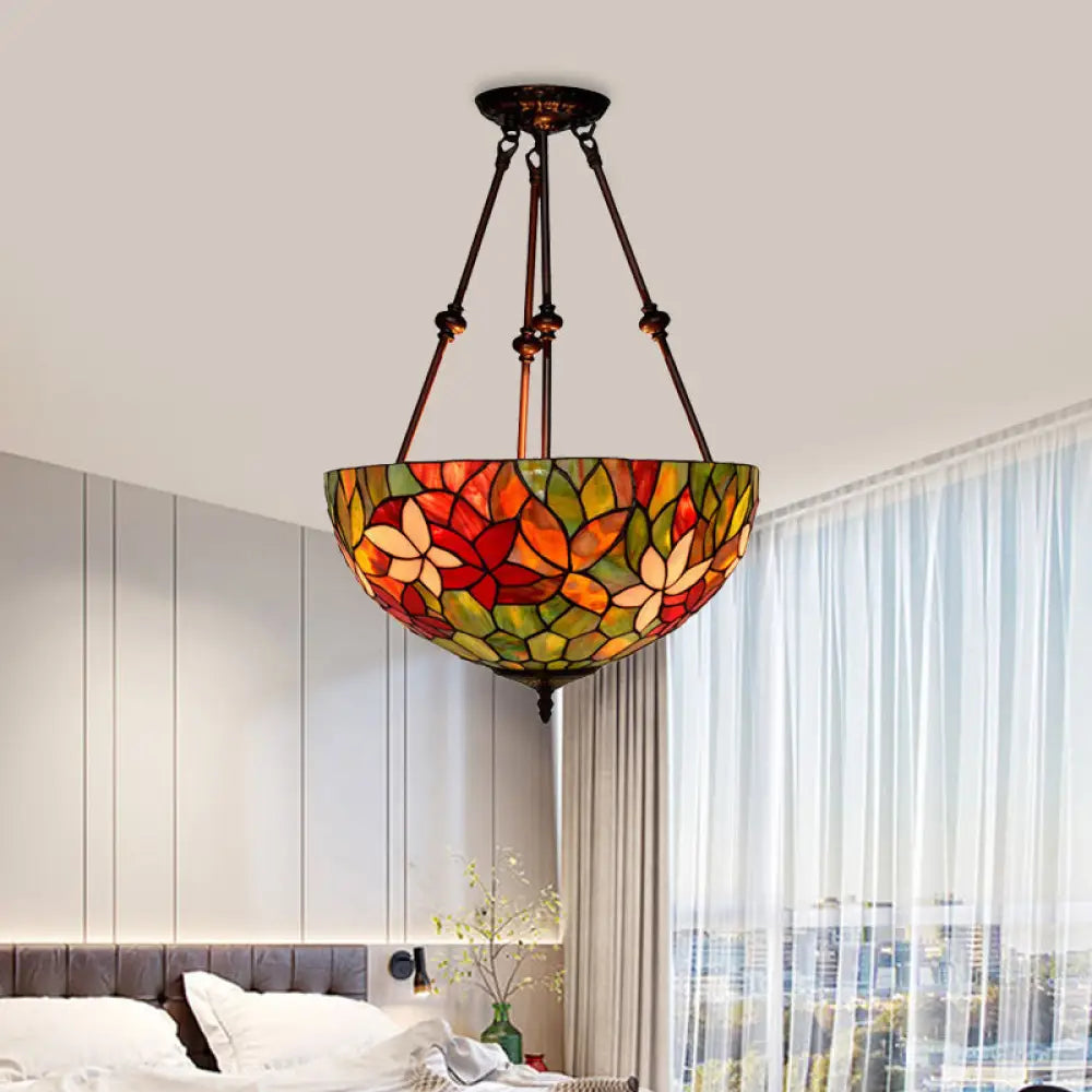 DecorBites™ DecorBites™ Victorian Stained Glass Ceiling Light with 3 Blossom Semi-Flush Mount Lights in Red/Orange/Green for Kitchen