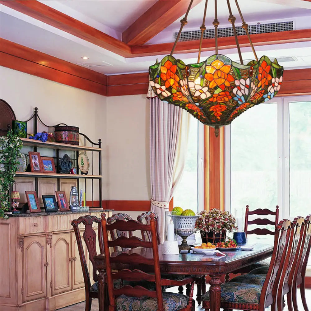 DecorBites™ DecorBites™ Victorian Stained Glass Ceiling Light with 3 Blossom Semi-Flush Mount Lights in Red/Orange/Green for Kitchen