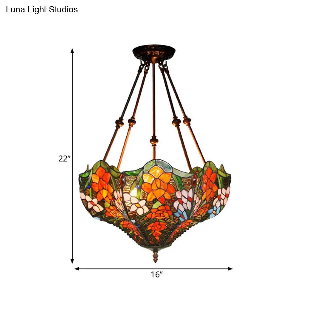 DecorBites™ DecorBites™ Victorian Stained Glass Ceiling Light with 3 Blossom Semi-Flush Mount Lights in Red/Orange/Green for Kitchen
