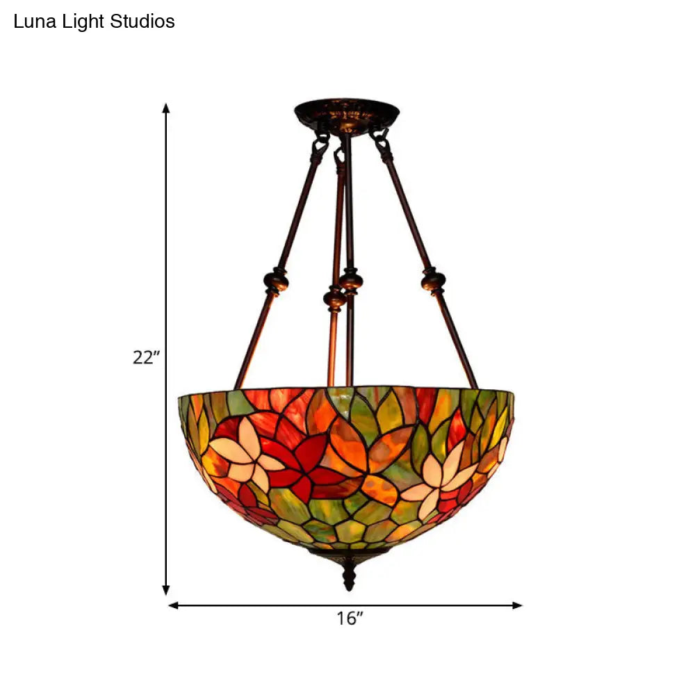 DecorBites™ DecorBites™ Victorian Stained Glass Ceiling Light with 3 Blossom Semi-Flush Mount Lights in Red/Orange/Green for Kitchen