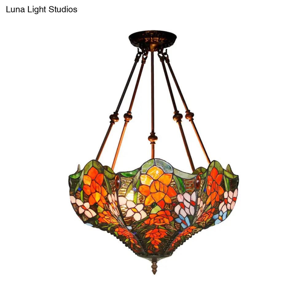 DecorBites™ DecorBites™ Victorian Stained Glass Ceiling Light with 3 Blossom Semi-Flush Mount Lights in Red/Orange/Green for Kitchen