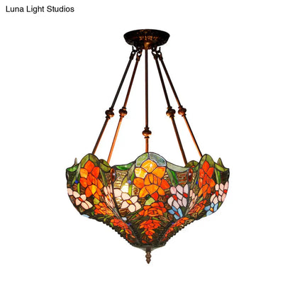 DecorBites™ DecorBites™ Victorian Stained Glass Ceiling Light with 3 Blossom Semi-Flush Mount Lights in Red/Orange/Green for Kitchen