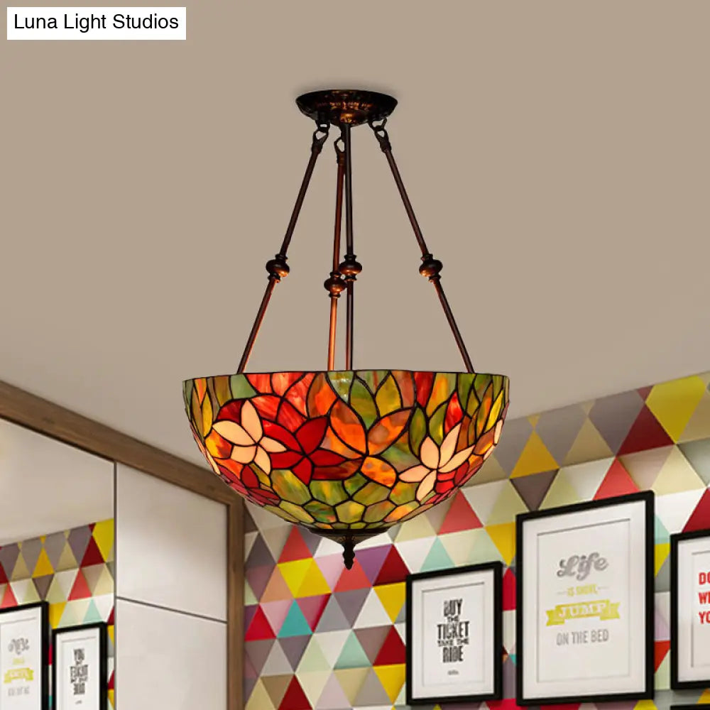 DecorBites™ DecorBites™ Victorian Stained Glass Ceiling Light with 3 Blossom Semi-Flush Mount Lights in Red/Orange/Green for Kitchen