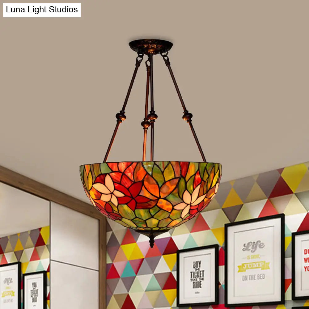 DecorBites™ DecorBites™ Victorian Stained Glass Ceiling Light with 3 Blossom Semi-Flush Mount Lights in Red/Orange/Green for Kitchen