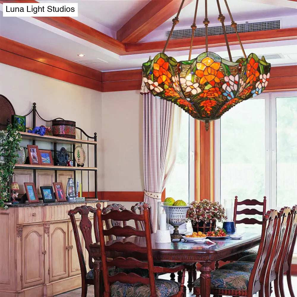 DecorBites™ DecorBites™ Victorian Stained Glass Ceiling Light with 3 Blossom Semi-Flush Mount Lights in Red/Orange/Green for Kitchen