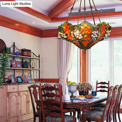 DecorBites™ DecorBites™ Victorian Stained Glass Ceiling Light with 3 Blossom Semi-Flush Mount Lights in Red/Orange/Green for Kitchen
