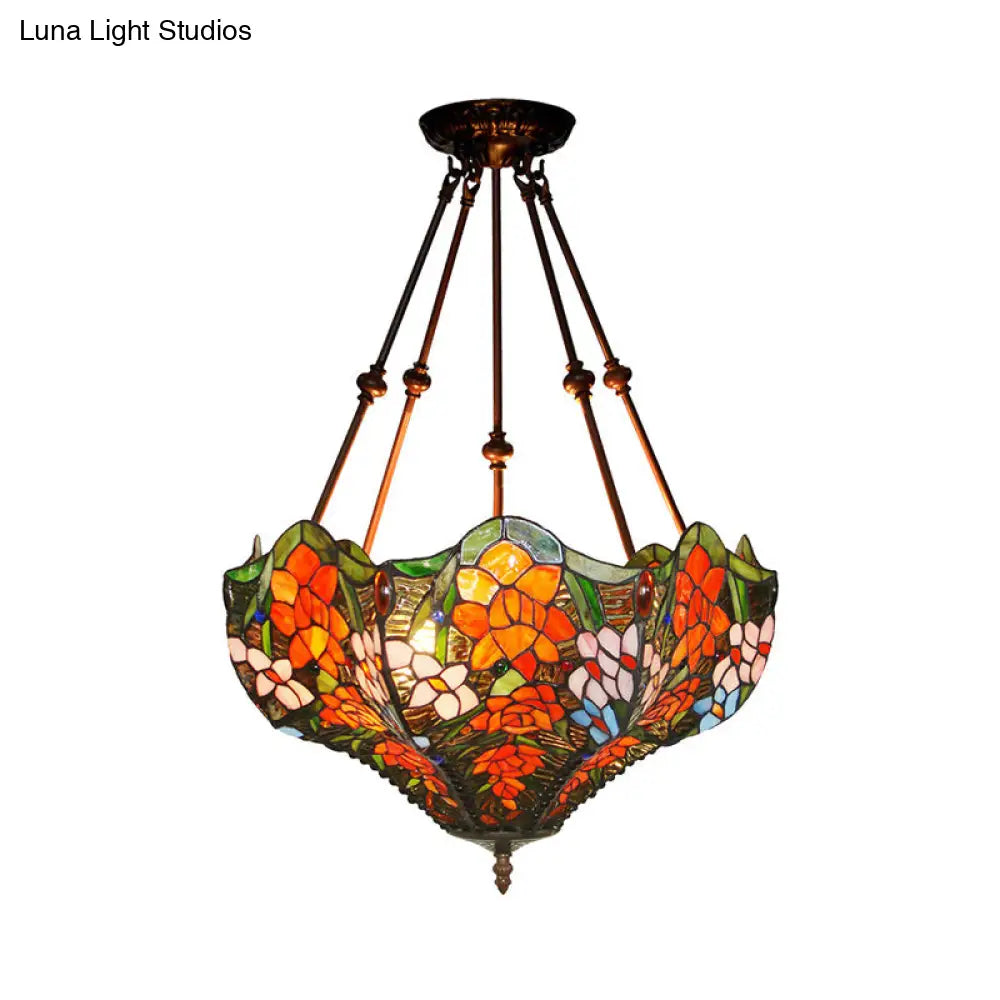 DecorBites™ DecorBites™ Victorian Stained Glass Ceiling Light with 3 Blossom Semi-Flush Mount Lights in Red/Orange/Green for Kitchen
