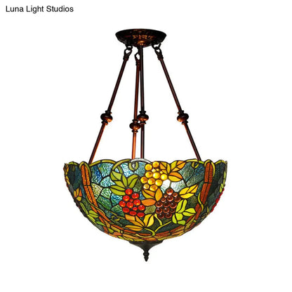 DecorBites™ DecorBites™ Victorian Stained Glass Ceiling Light with 3 Blossom Semi-Flush Mount Lights in Red/Orange/Green for Kitchen