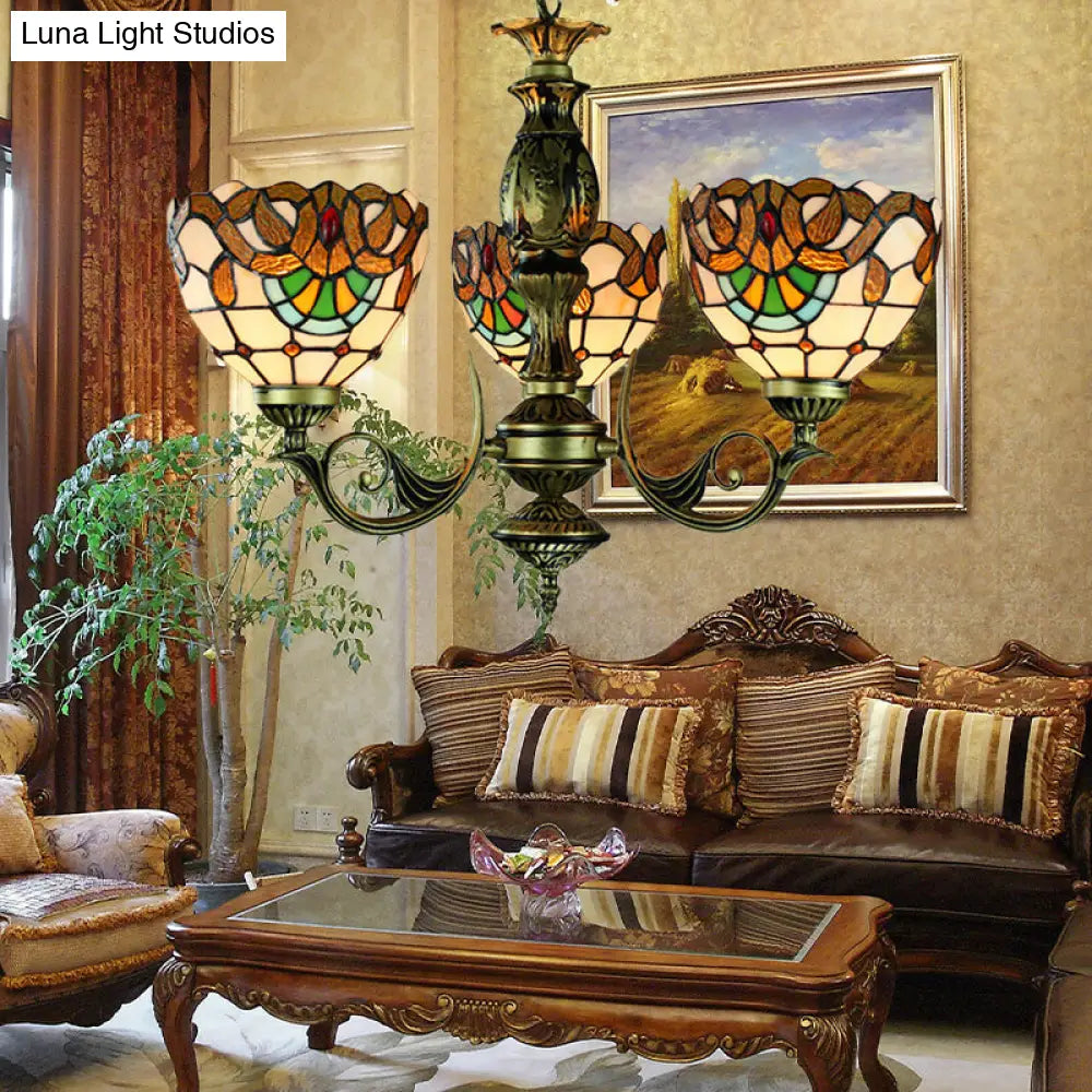 Victorian Stained Glass Chandelier - Elegant 3-Light Pendant for Dining Room
