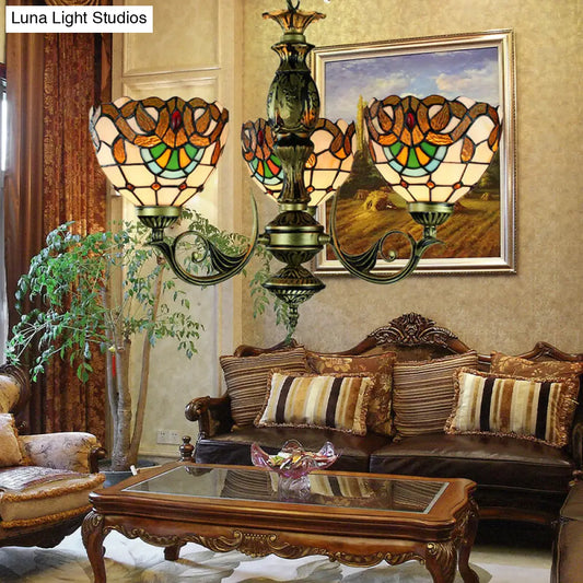 Victorian Stained Glass Chandelier - Elegant 3-Light Pendant for Dining Room